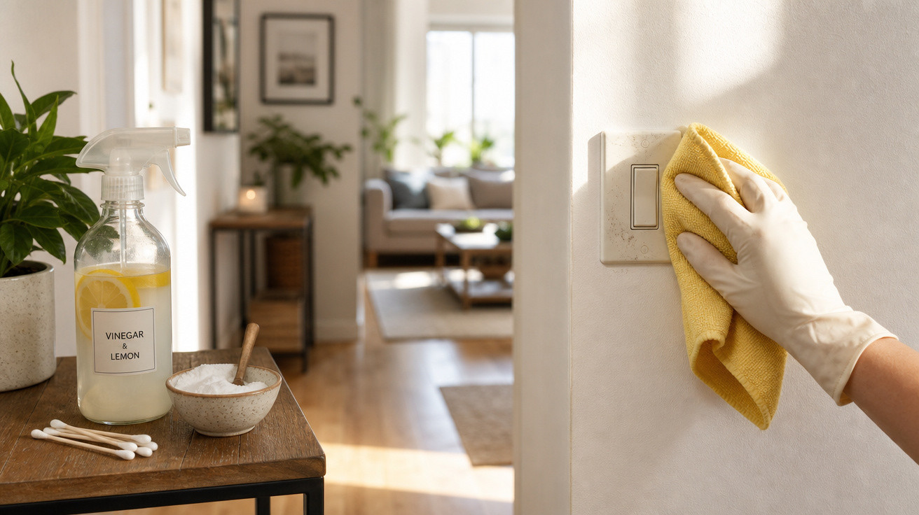 Pessoa com luva limpa interruptor de luz com pano amarelo numa sala com mesa e material de limpeza natural.