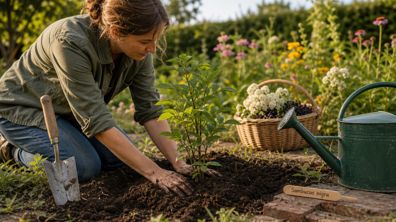 Mulher a plantar uma muda de sabugueiro no jardim com regador e cesta de flores ao lado.