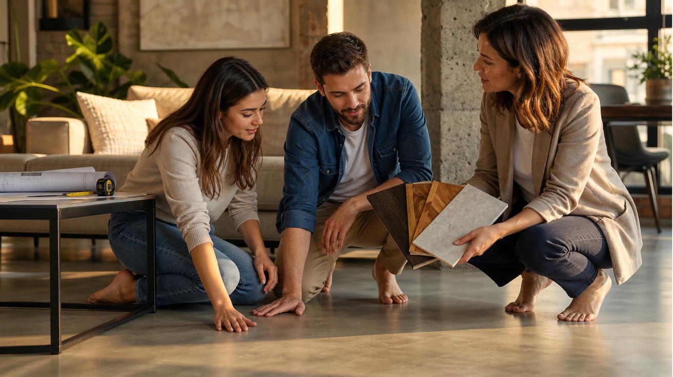 Três pessoas descalças em casa analisam amostras de materiais para o chão num ambiente moderno e acolhedor.