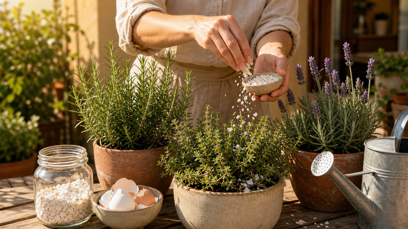 Pessoa a espalhar casca de ovo triturada em plantas aromáticas em vasos, com regador ao lado, num jardim solarengo.