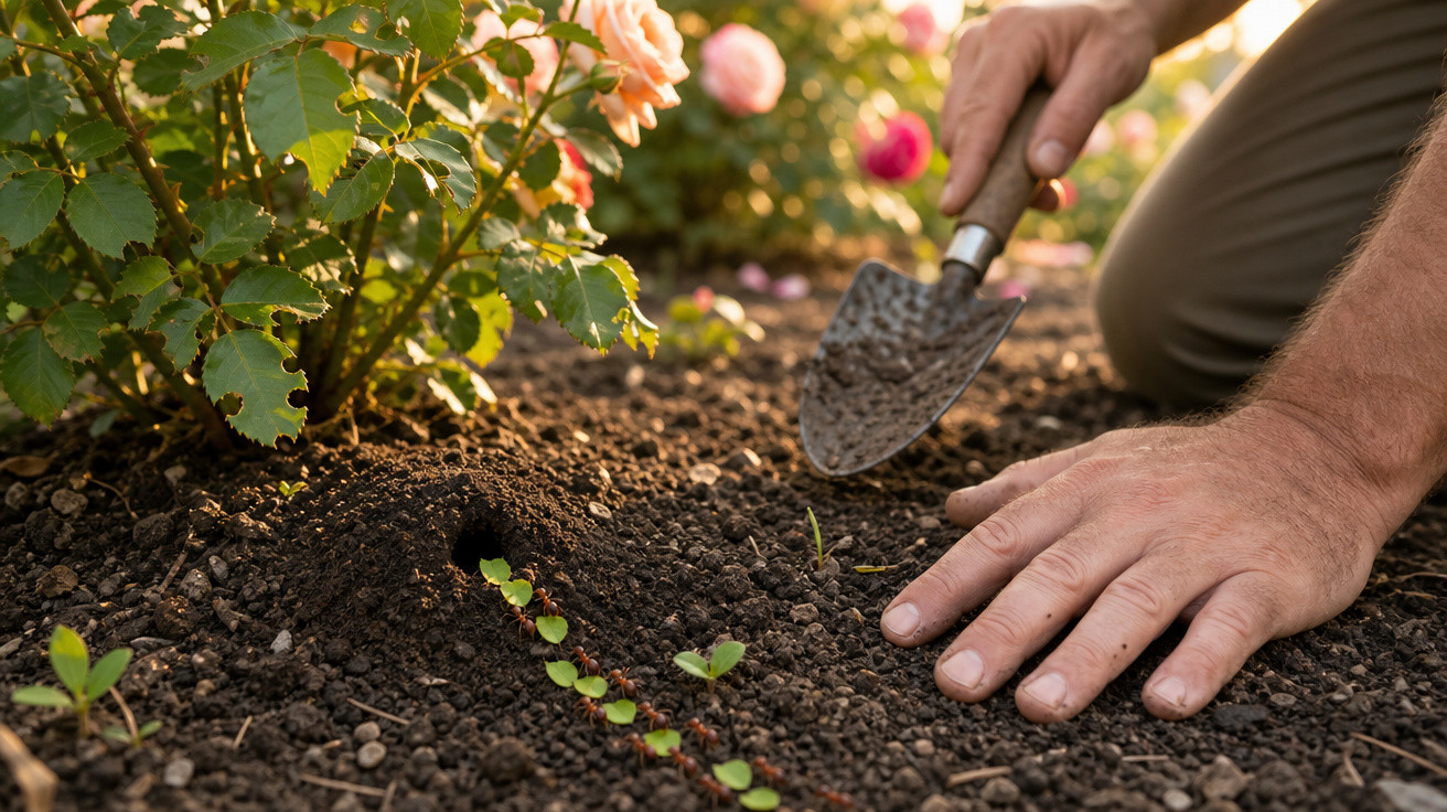 Mãos a plantar pequenas sementes no solo fértil ao lado de flores cor de rosa num jardim ensolarado.