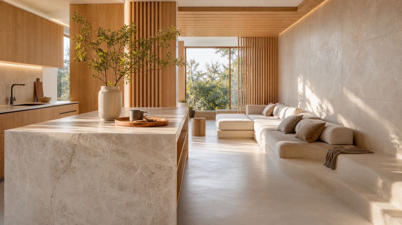 Sala de estar e cozinha em estilo moderno com isla de mármore e sofá branco encostado à parede.