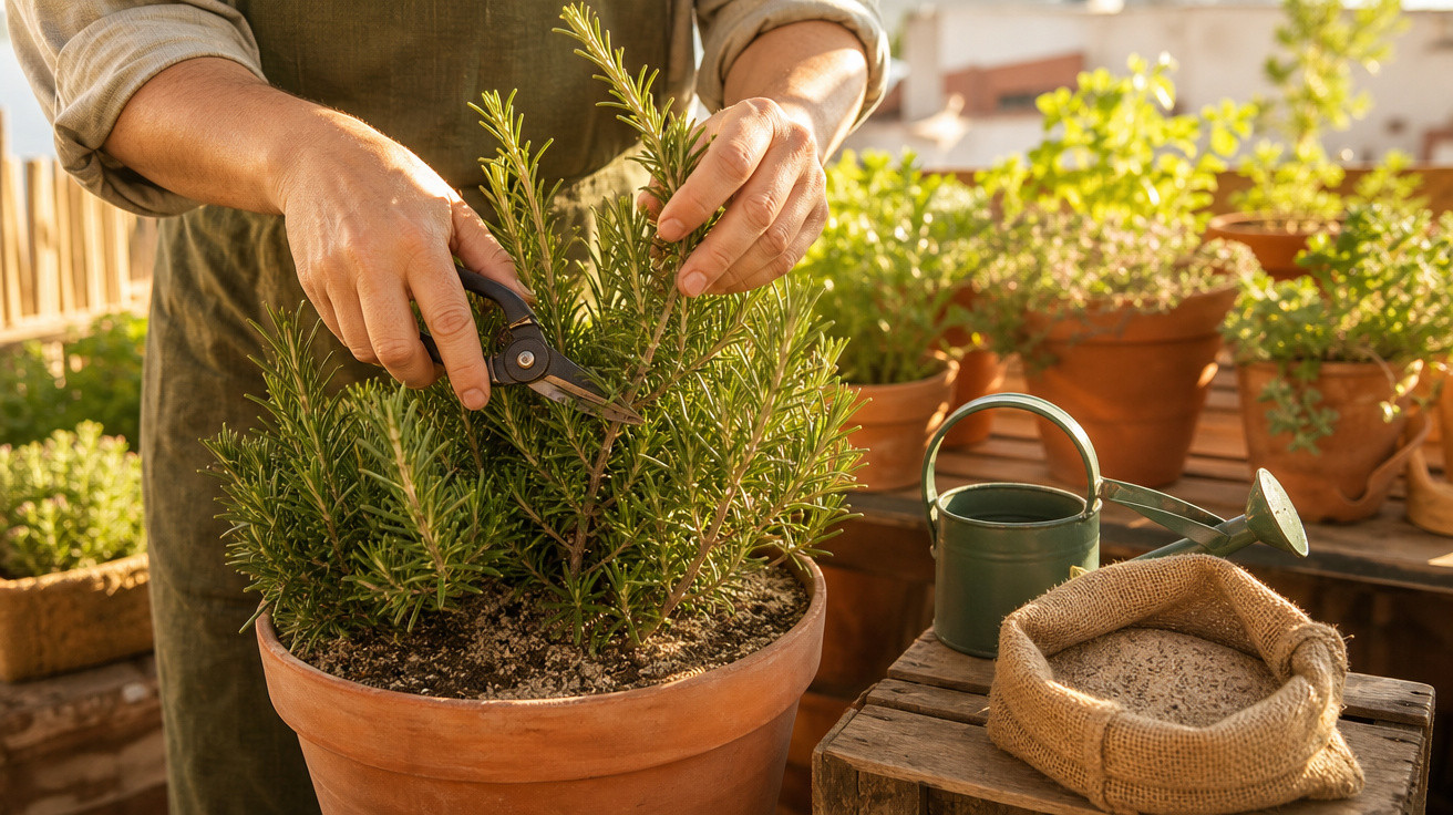 Pessoa a podar um ramo de alecrim numa planta em vaso num espaço exterior com luz natural.