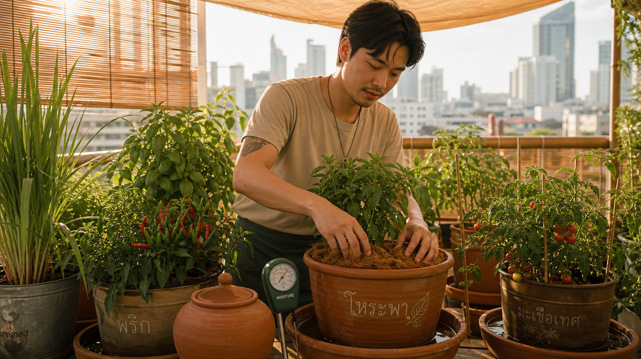 Jovem cuida de plantas em vasos num terraço com vista para edifícios numa cidade moderna.