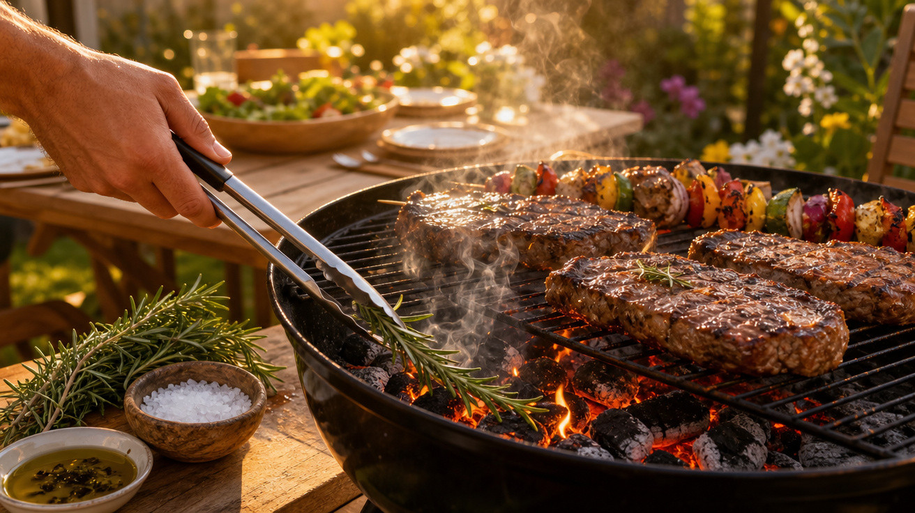Churrasco ao ar livre com bifes e espetadas a cozinhar numa grelha com brasas e ervas aromáticas.