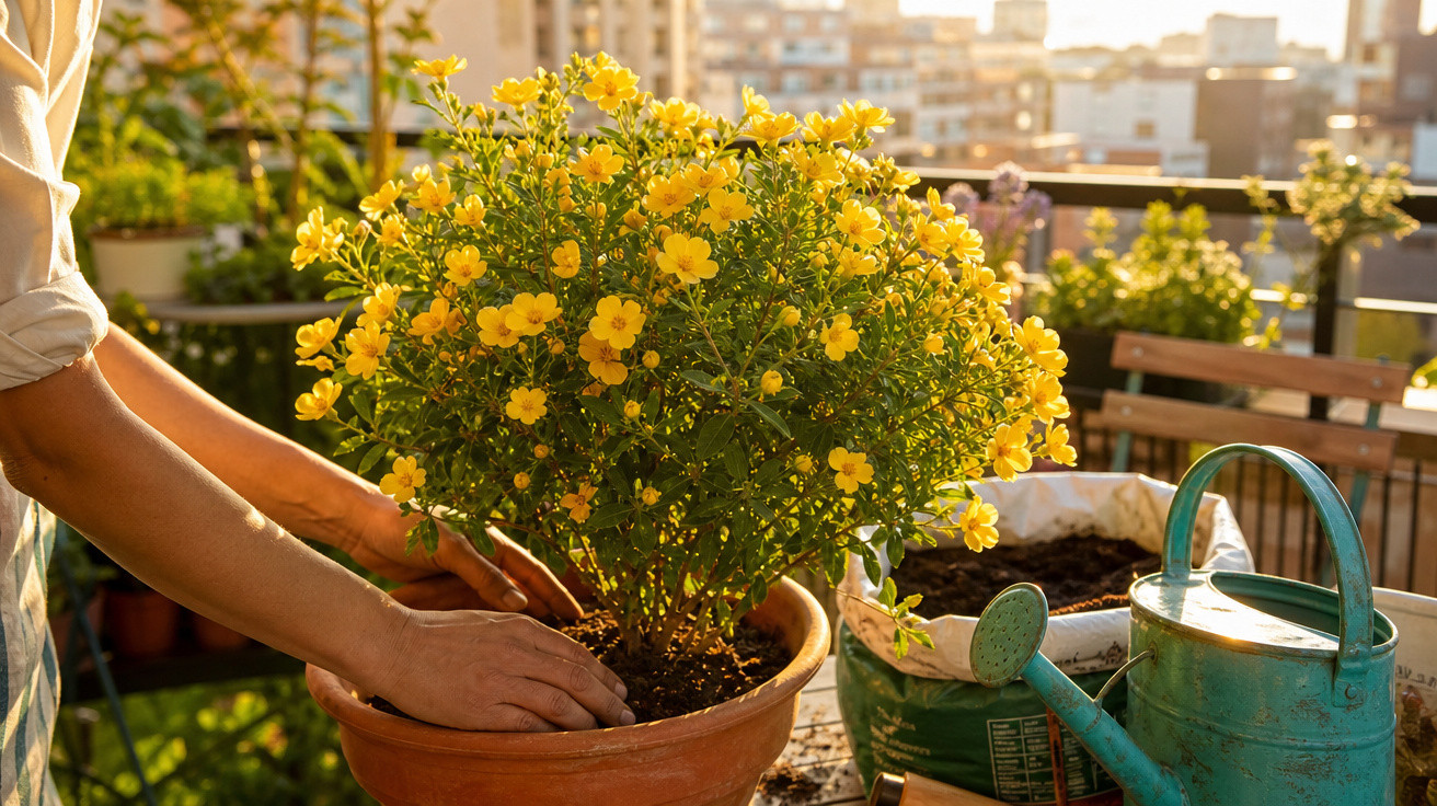 Pessoa a cuidar de planta com flores amarelas num vaso de barro numa varanda urbana ao final do dia.