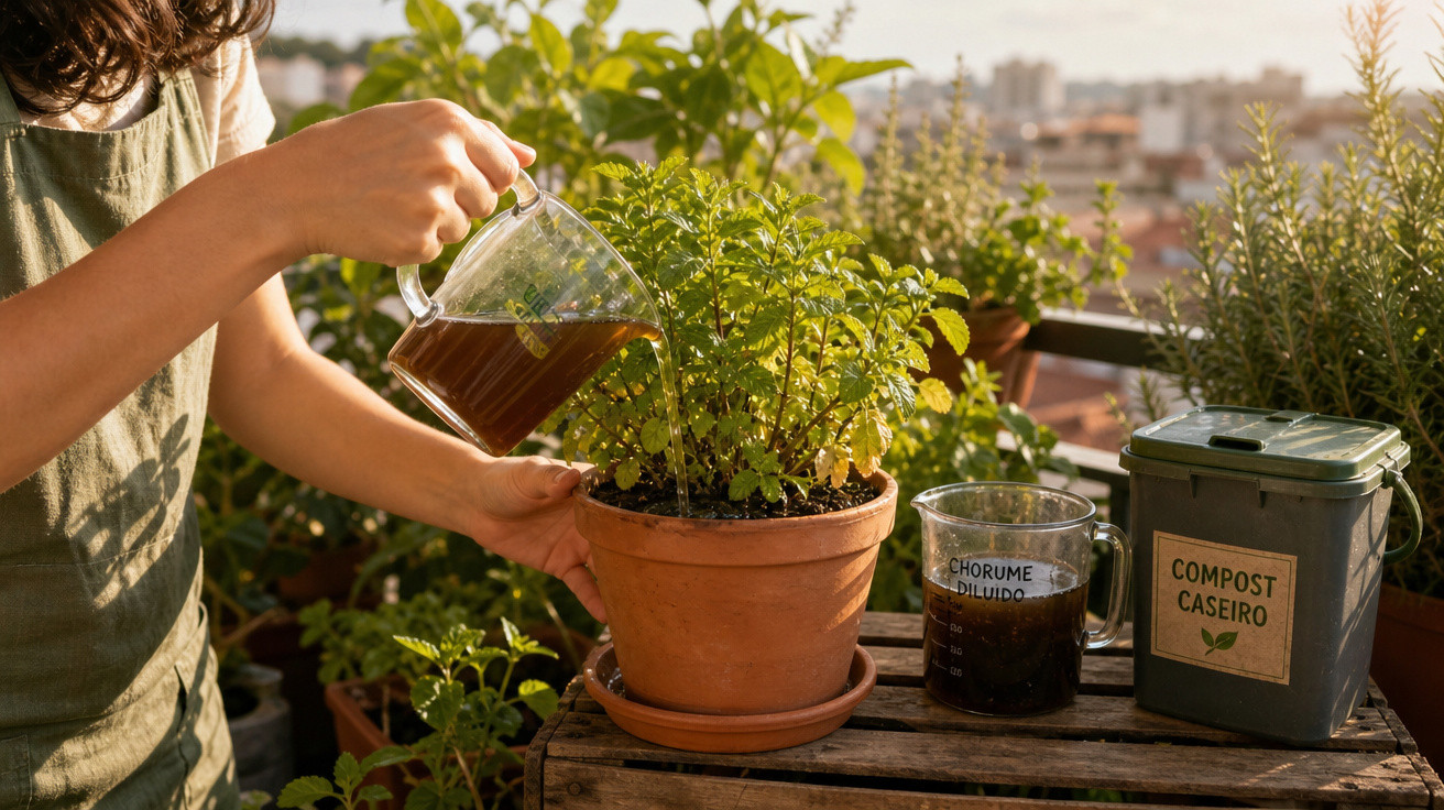 Pessoa regando planta com líquido escuro em vaso, com compost e chorume caseiro numa varanda.