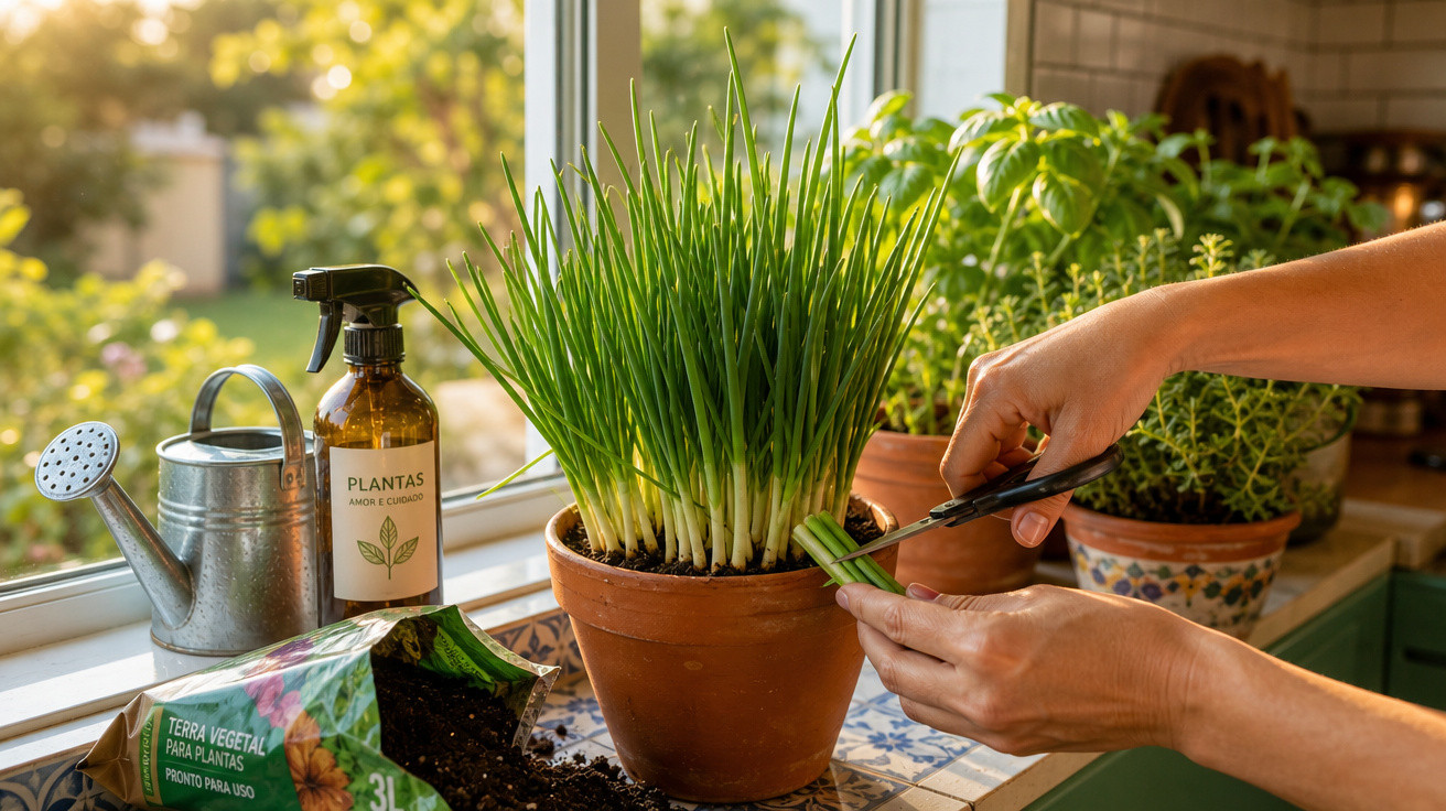 Pessoa a colher cebolinhas verdes de vaso terraço com regador, pulverizador e terra vegetal à janela.