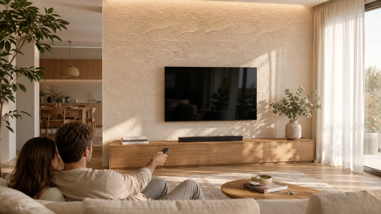 Casal sentado no sofá de sala moderna com televisão, móvel de madeira e luz natural a entrar pela janela.