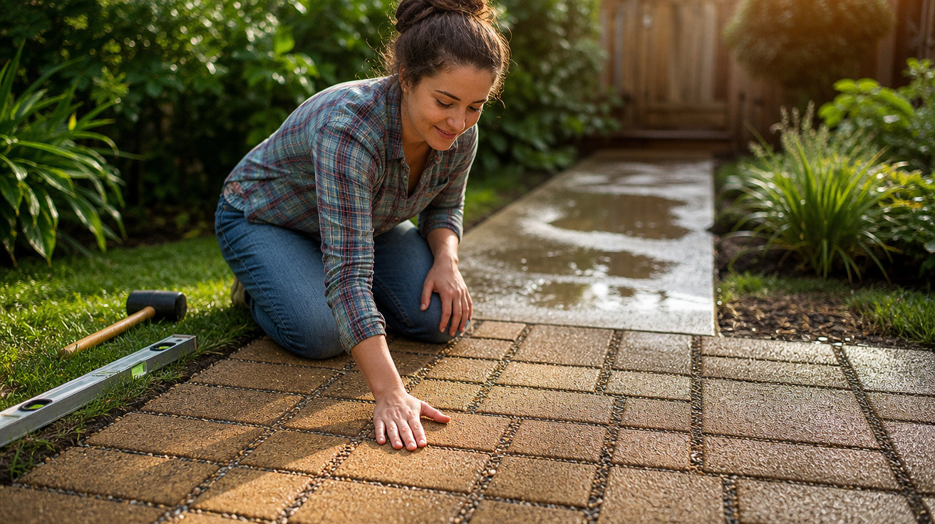 Mulher a instalar blocos de pavimento numa calçada exterior com ferramentas ao lado num jardim.