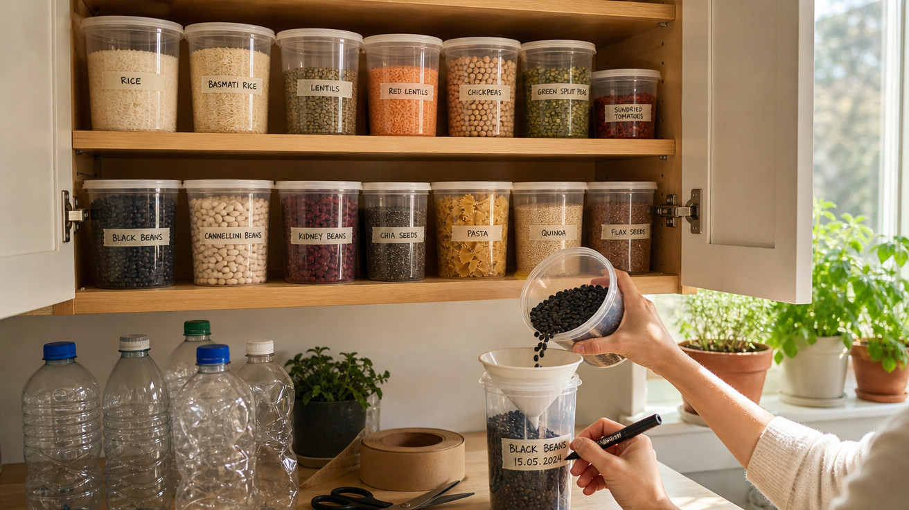 Armário de cozinha organizado com legumes e cereais em recipientes plásticos etiquetados.