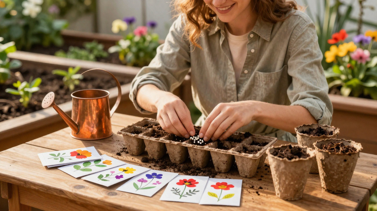 Mulher a semear pequenas plantas em tabuleiro, com regador e cartões de flores coloridas numa mesa de madeira.