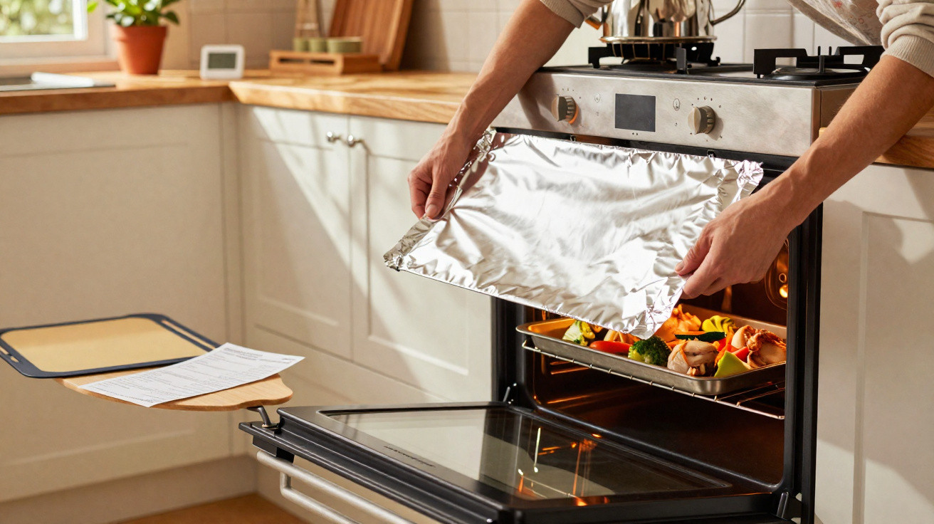 Pessoa a colocar tabuleiro com legumes no forno numa cozinha iluminada e moderna.