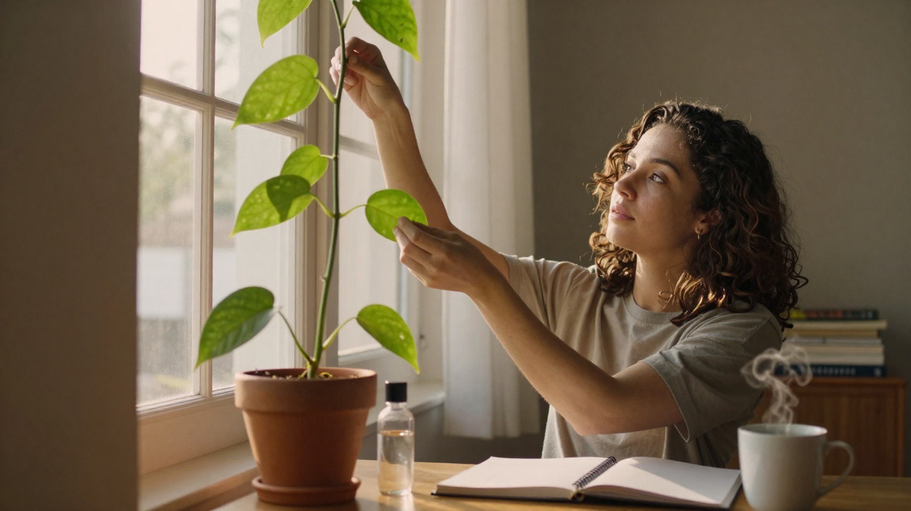Mulher cuida de planta junto à janela, com caderno aberto e chá quente numa mesa de madeira.