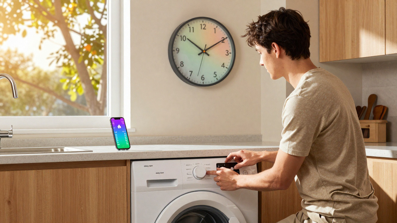 Homem ajusta a máquina de lavar roupa numa cozinha iluminada, com relógio na parede e telemóvel na bancada.