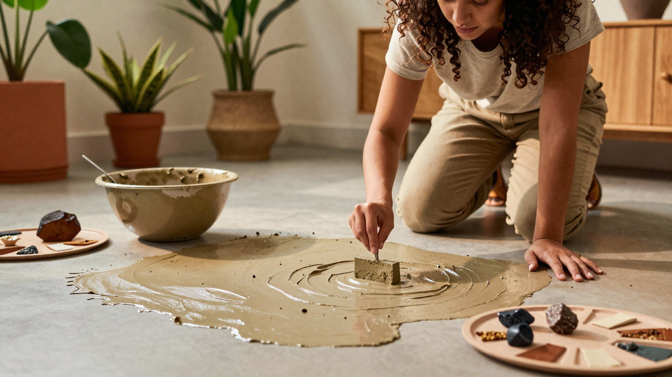 Mulher a trabalhar com argila no chão, rodeada de plantas e materiais para moldar cerâmica.