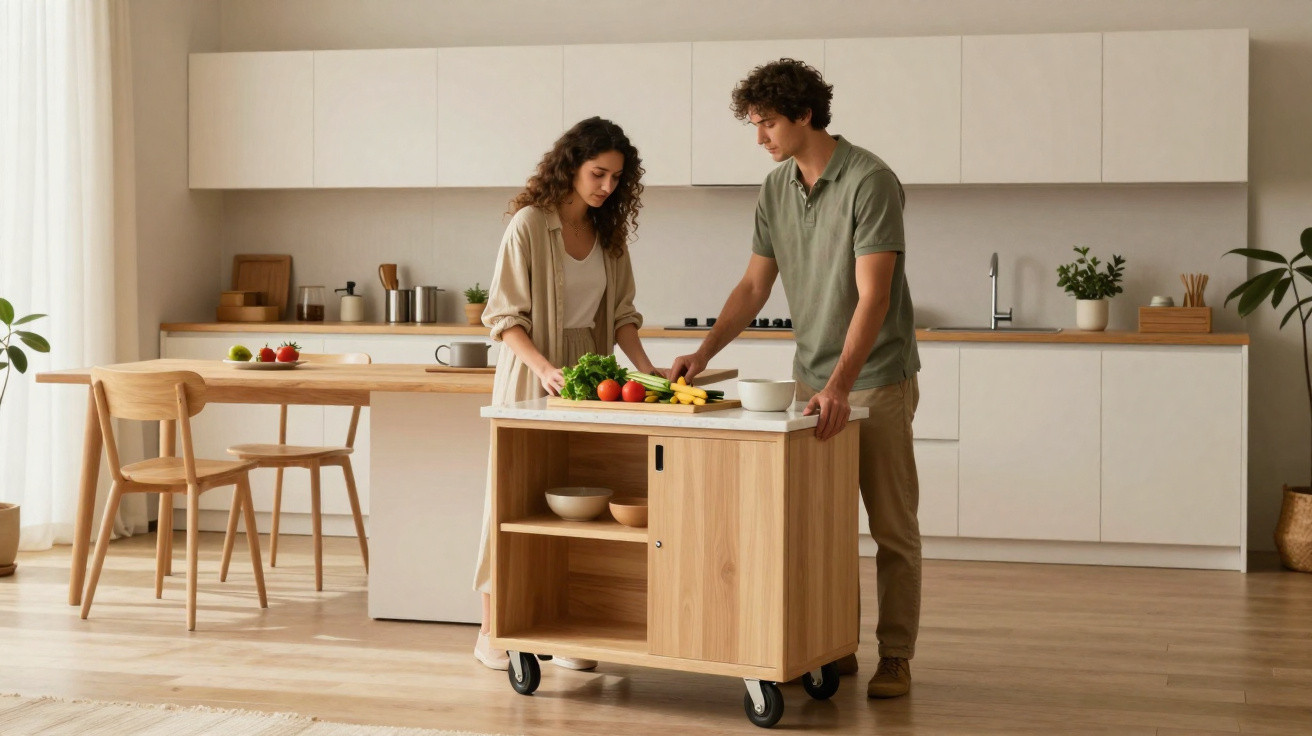 Casal a preparar legumes numa ilha móvel de cozinha moderna e luminosa com móveis brancos.
