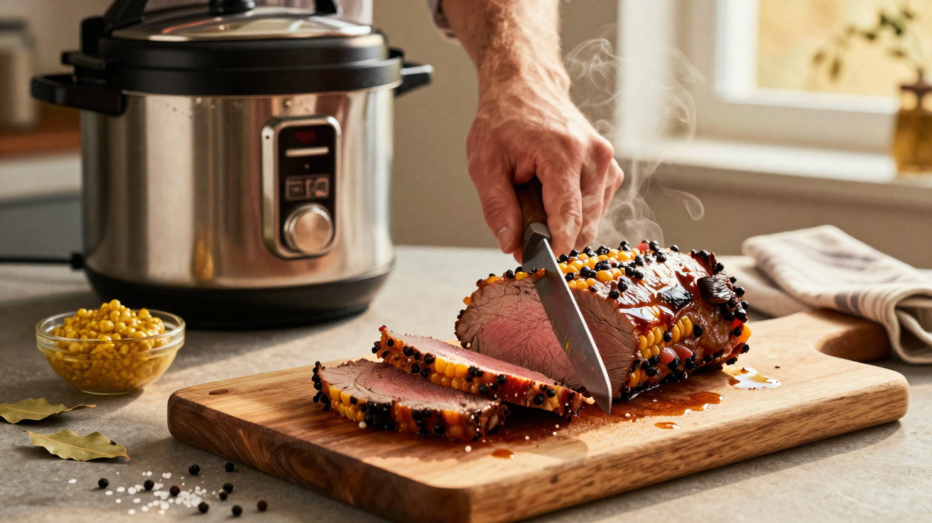Mão fatiando carne temperada com grãos de pimenta numa tábua de madeira com panela elétrica ao fundo.