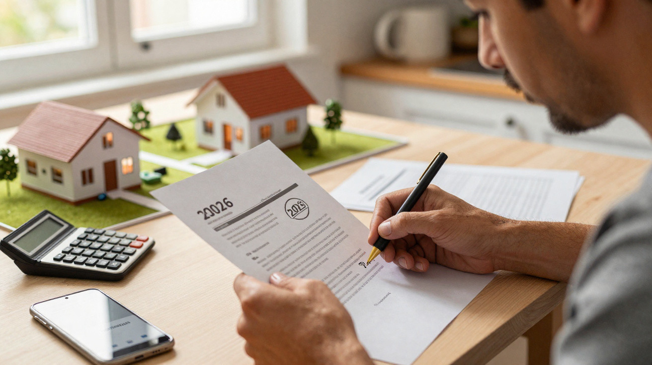 Homem a assinar documento à mesa com maquetes de casas, calculadora e smartphone ao lado.