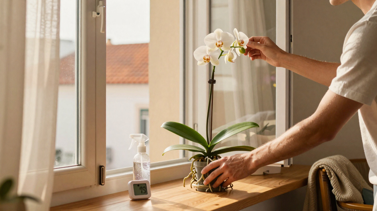 Pessoa a cuidar de orquídea branca numa janela com hidratante e termómetro digital na madeira.