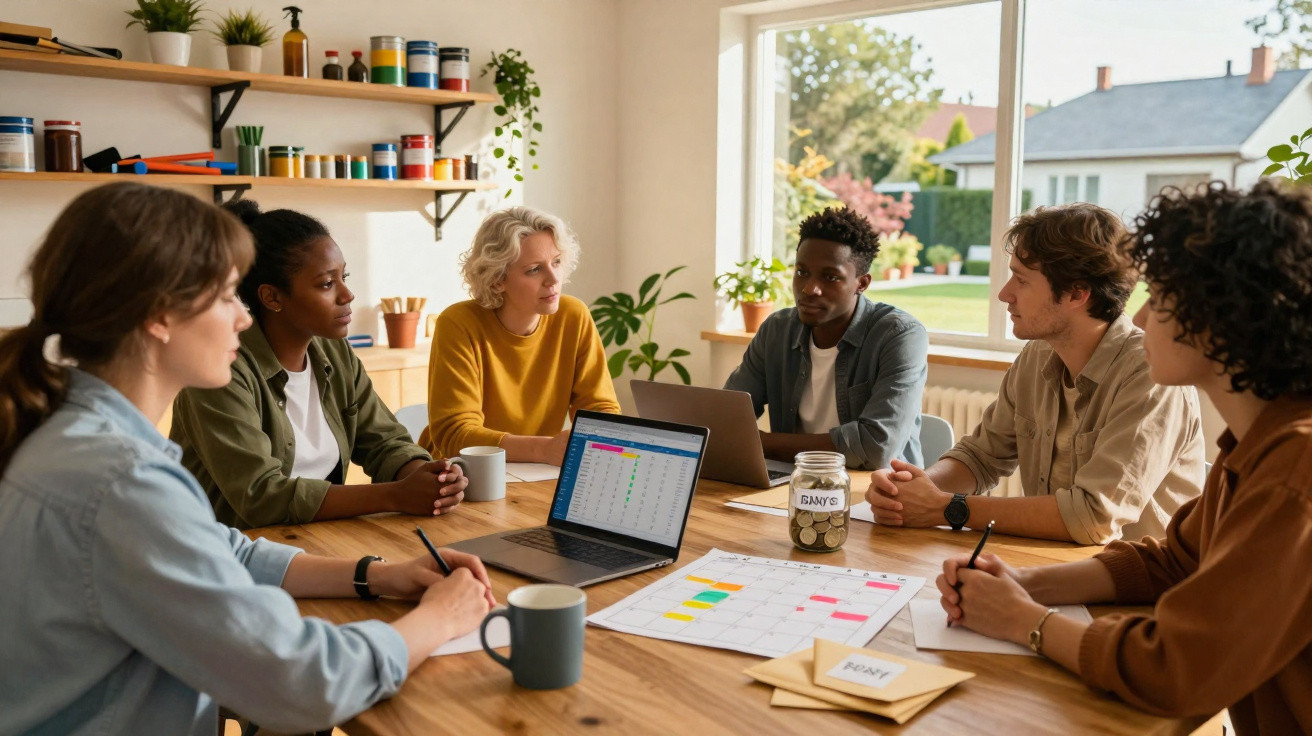 Grupo diversificado de pessoas em reunião à volta de mesa com laptops e calendários numa sala iluminada.