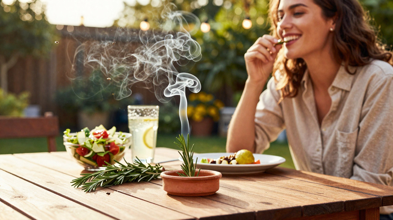 Mulher sorridente a comer ao ar livre, com incenso a arder e comida numa mesa de madeira.