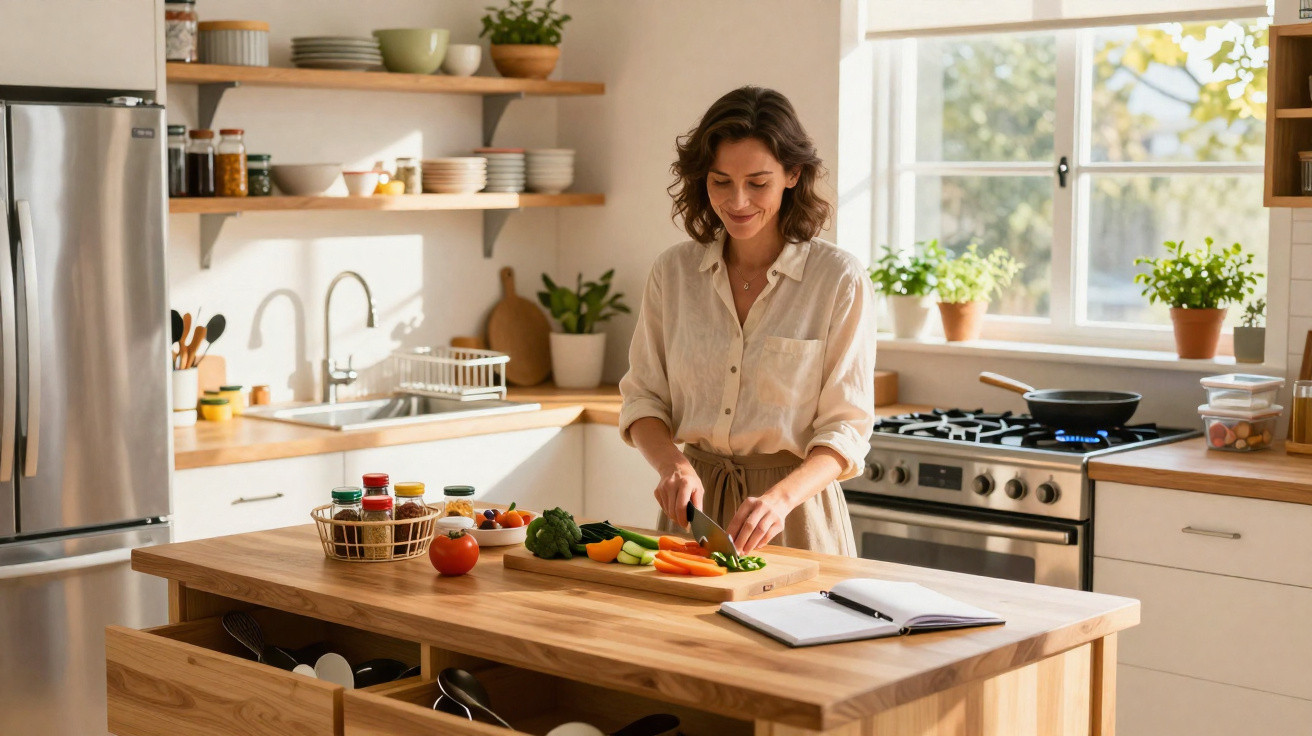 Mulher a cortar legumes numa cozinha luminosa com plantas e utensílios organizados.