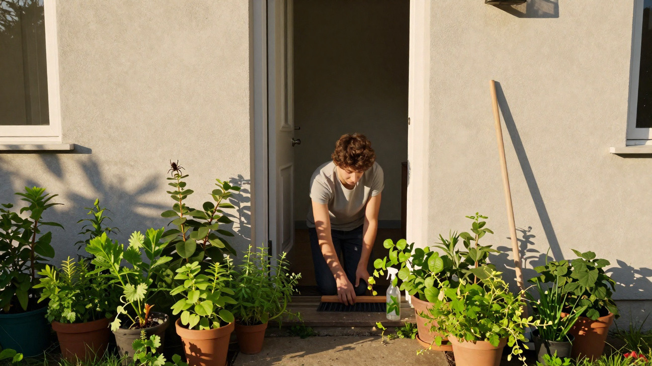 Pessoa regando plantas em vasos à entrada de uma casa com paredes claras ao pôr do sol.