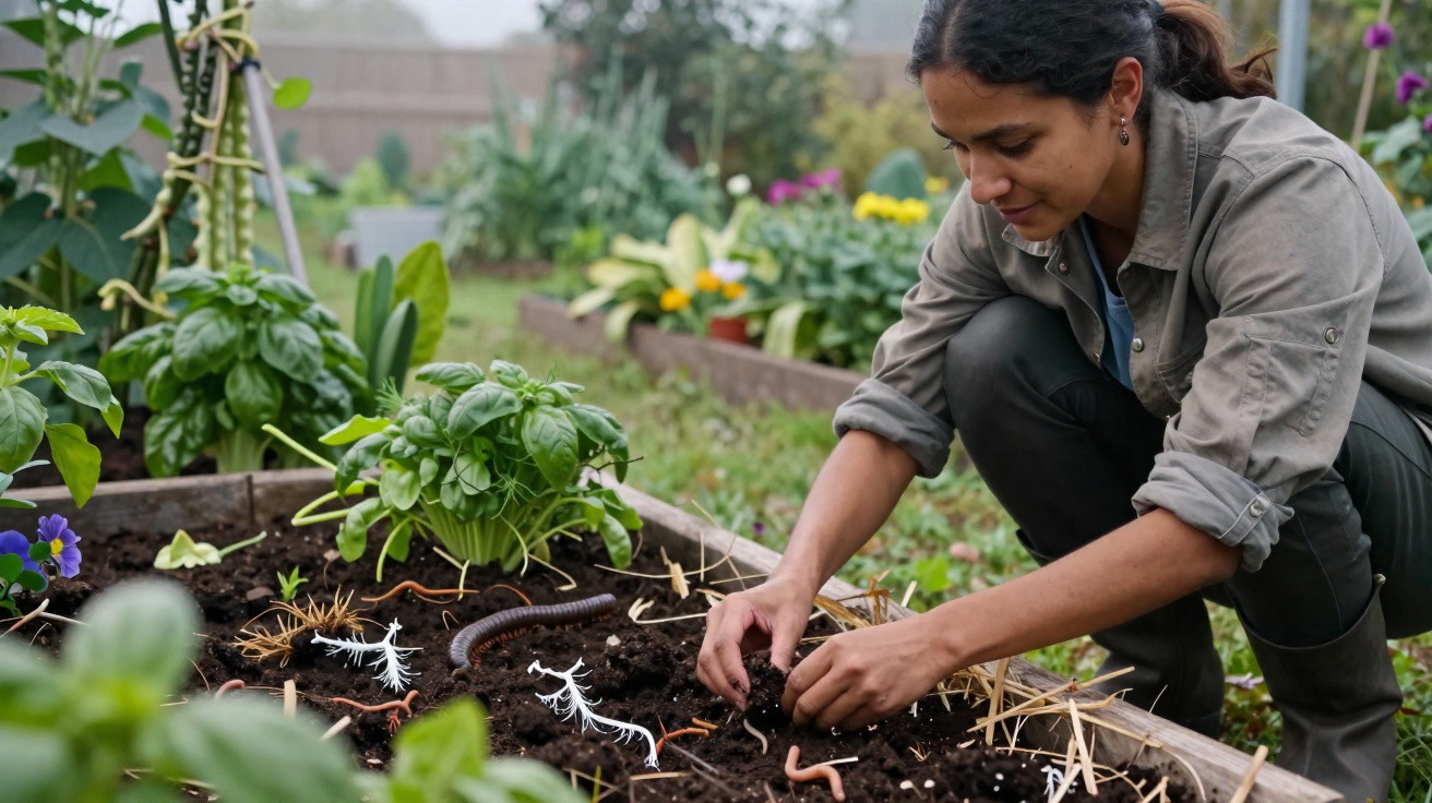 Mulher a cuidar de plantas numa horta, cultivando ervas aromáticas com minhocas no solo fértil.