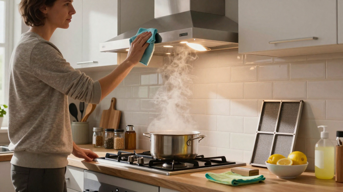 Mulher a limpar a chaminé de exaustão da cozinha enquanto cozinha num fogão a gás.
