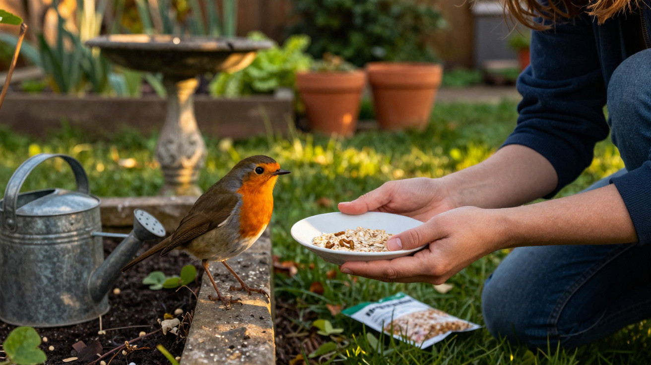 Pássaro com peito laranja sentado à beira do jardim enquanto uma pessoa lhe oferece comida num prato branco.