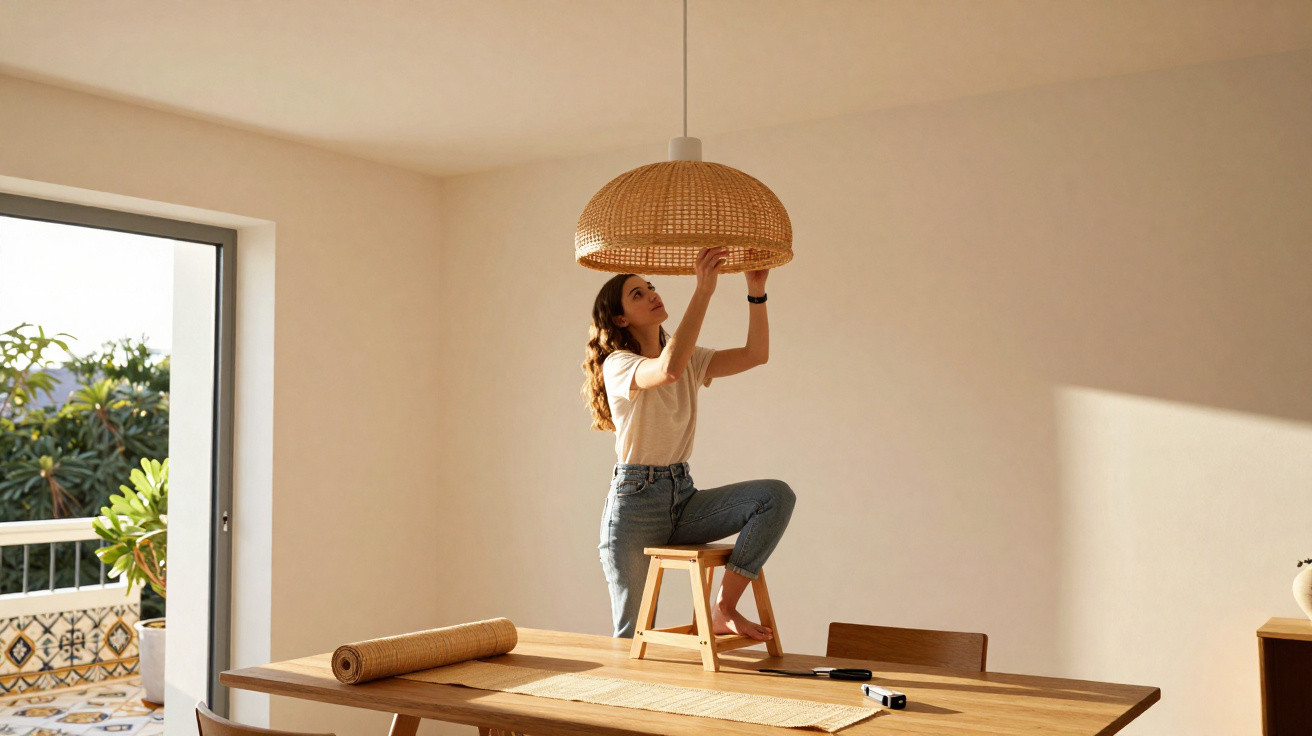 Mulher a colocar uma luminária de vime no teto de uma sala de jantar iluminada pela luz natural.