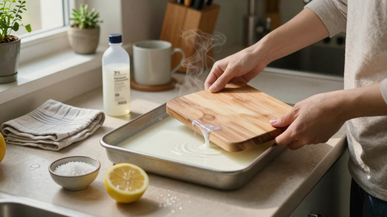 Pessoa a coar um líquido branco numa travessa metálica numa bancada de cozinha com limão e sal à vista.