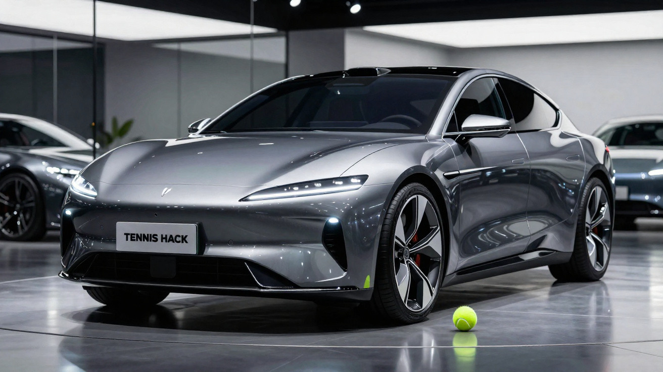 Carro elétrico moderno prateado estacionado em espaço fechado com bola de ténis verde no chão.