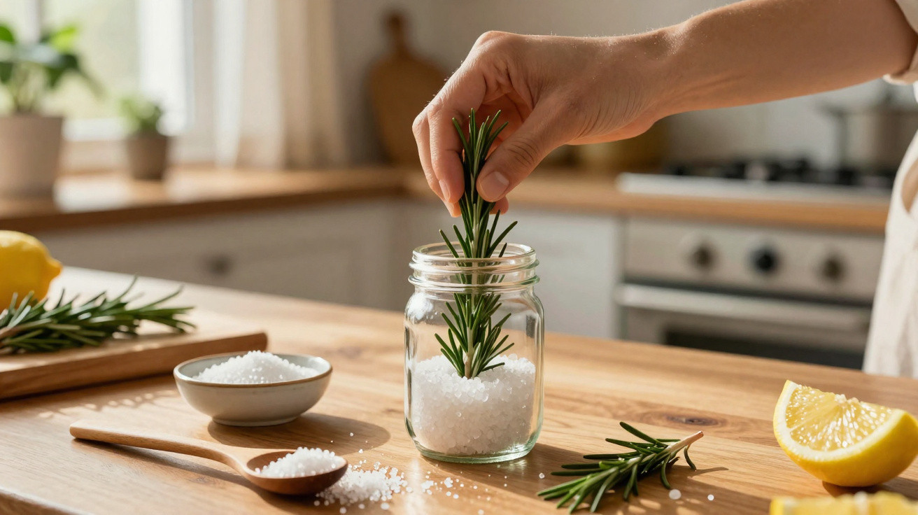 Mão a colocar ramo de alecrim num frasco com sal grosso numa cozinha com limão ao lado.