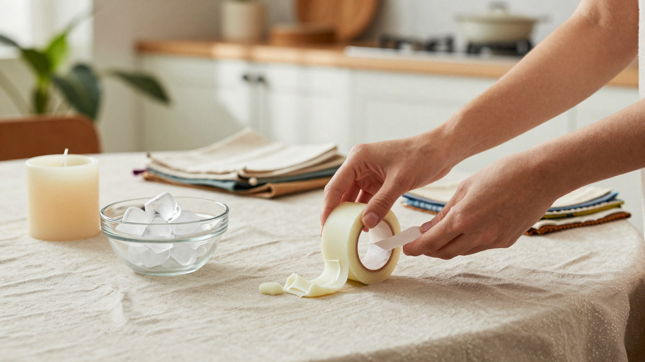 Mãos a cortar fita adesiva sobre mesa com vela, bloco de gelo e panos dobrados numa cozinha.
