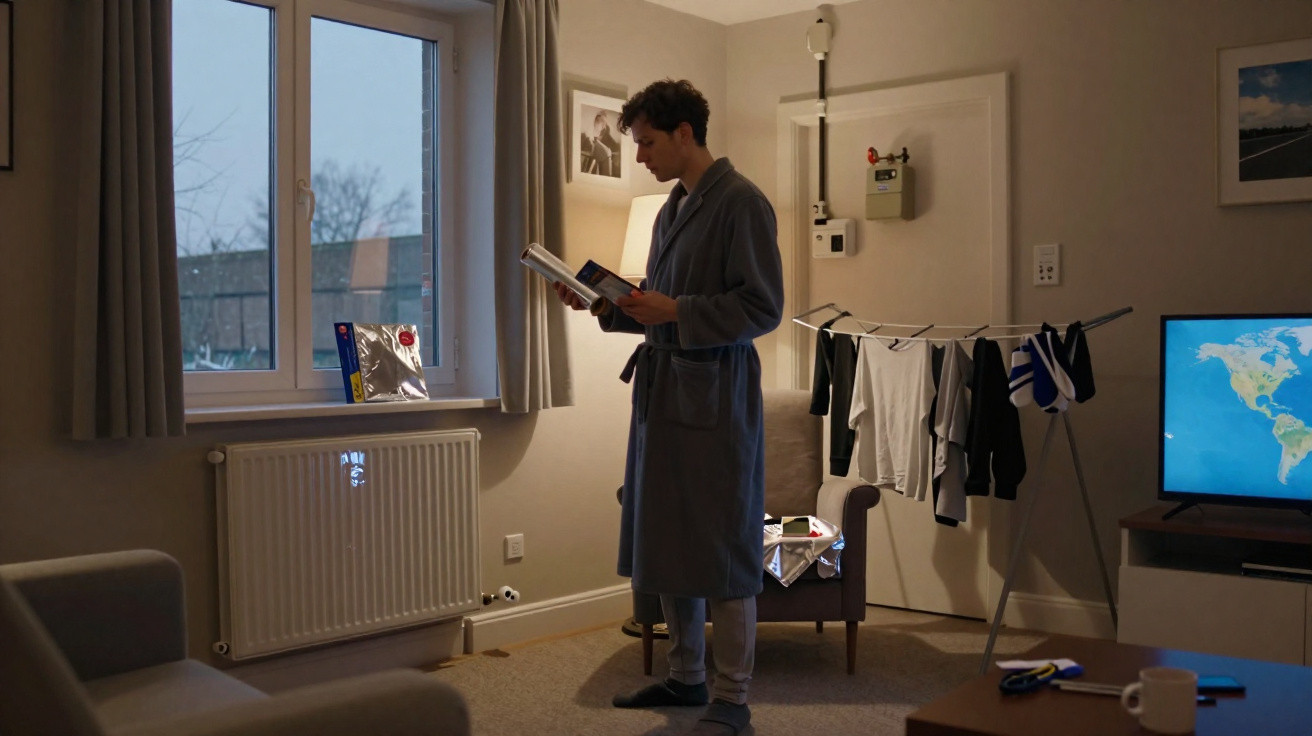 Homem de roupão a ler um livro numa sala com roupa a secar e televisão ligada.