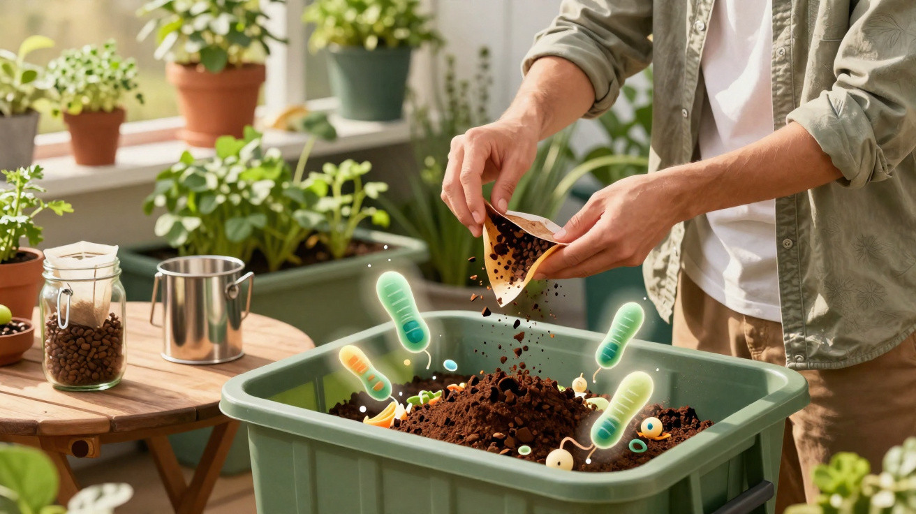 Pessoa a plantar sementes numa caixa de cultivo com fertilizantes coloridos em ambiente interior com várias plantas.