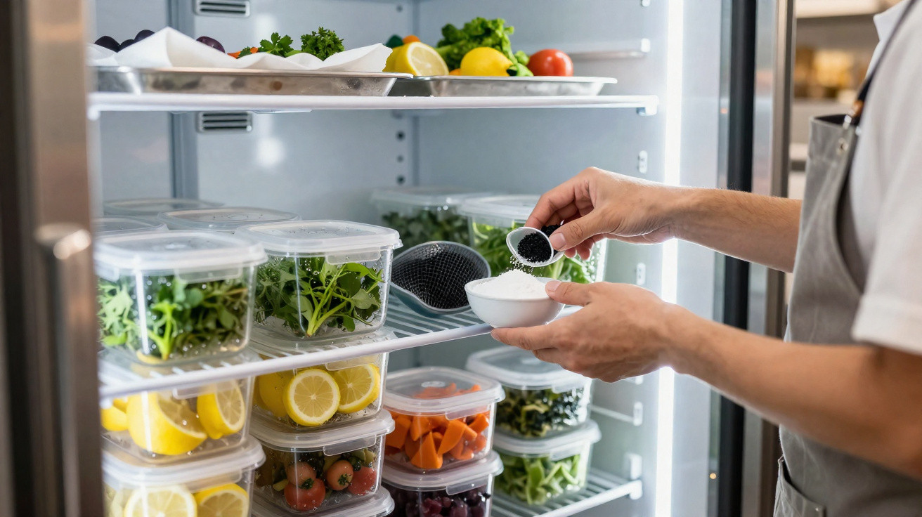 Mãos a polvilhar sal dentro de frigorífico cheio de legumes e frutas frescas em recipientes transparentes.