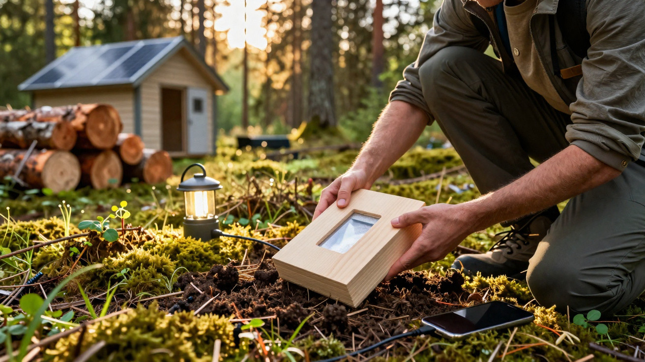 Pessoa a colocar urna num bosque com casa solar, candeeiro e telemóvel no chão.