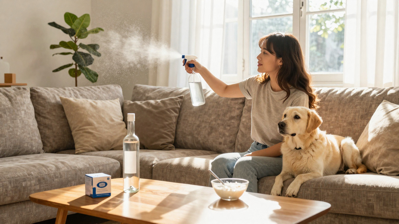 Mulher a borrifar spray numa sala de estar, sentada no sofá ao lado de um cão dourado.
