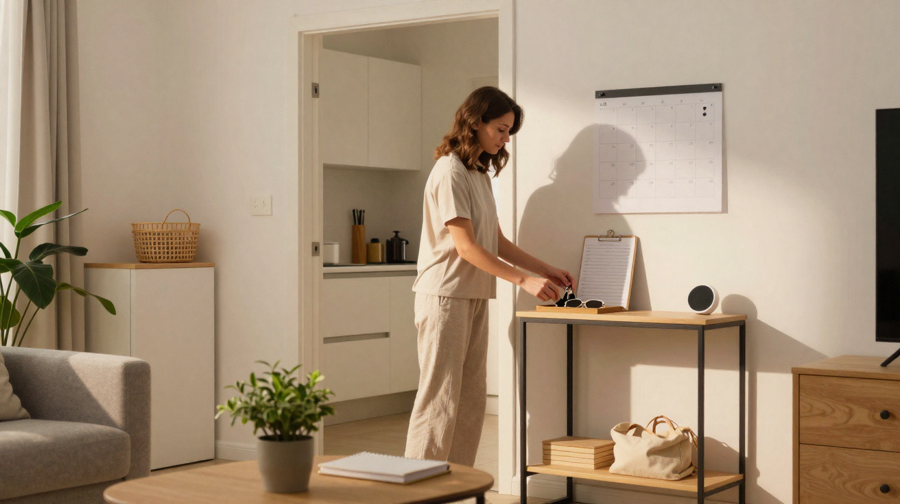 Mulher arruma mesa numa sala com decoração minimalista, luz natural e plantas.