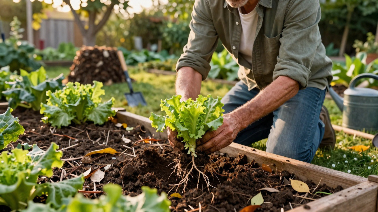 Homem a plantar alface numa horta, rodeado por plantas verdes e terra solta num canteiro de madeira.