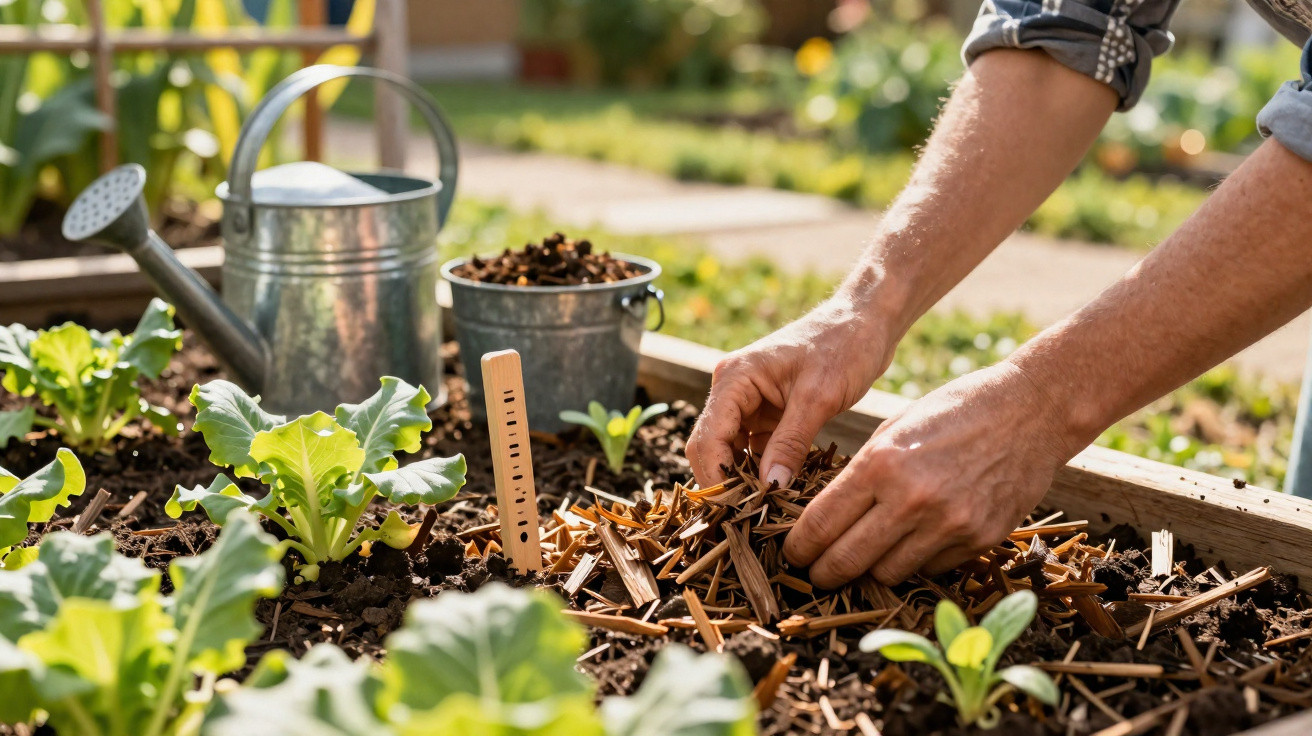Mãos a cobrir solo com palha numa horta com plantas jovens e regador metálico ao fundo.