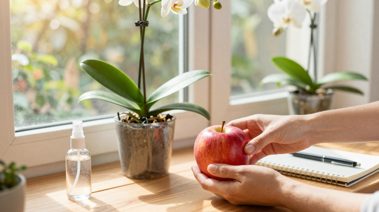Mãos seguram uma maçã vermelha junto a plantas em vasos e caderno num parapeito de janela iluminado pelo sol.