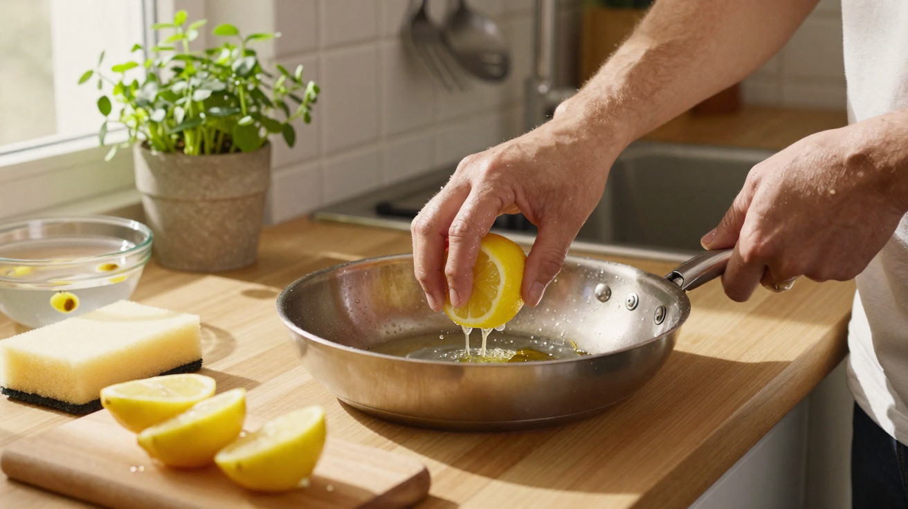 Pessoa a espremer limão numa frigideira na cozinha com utensílios e planta ao fundo.