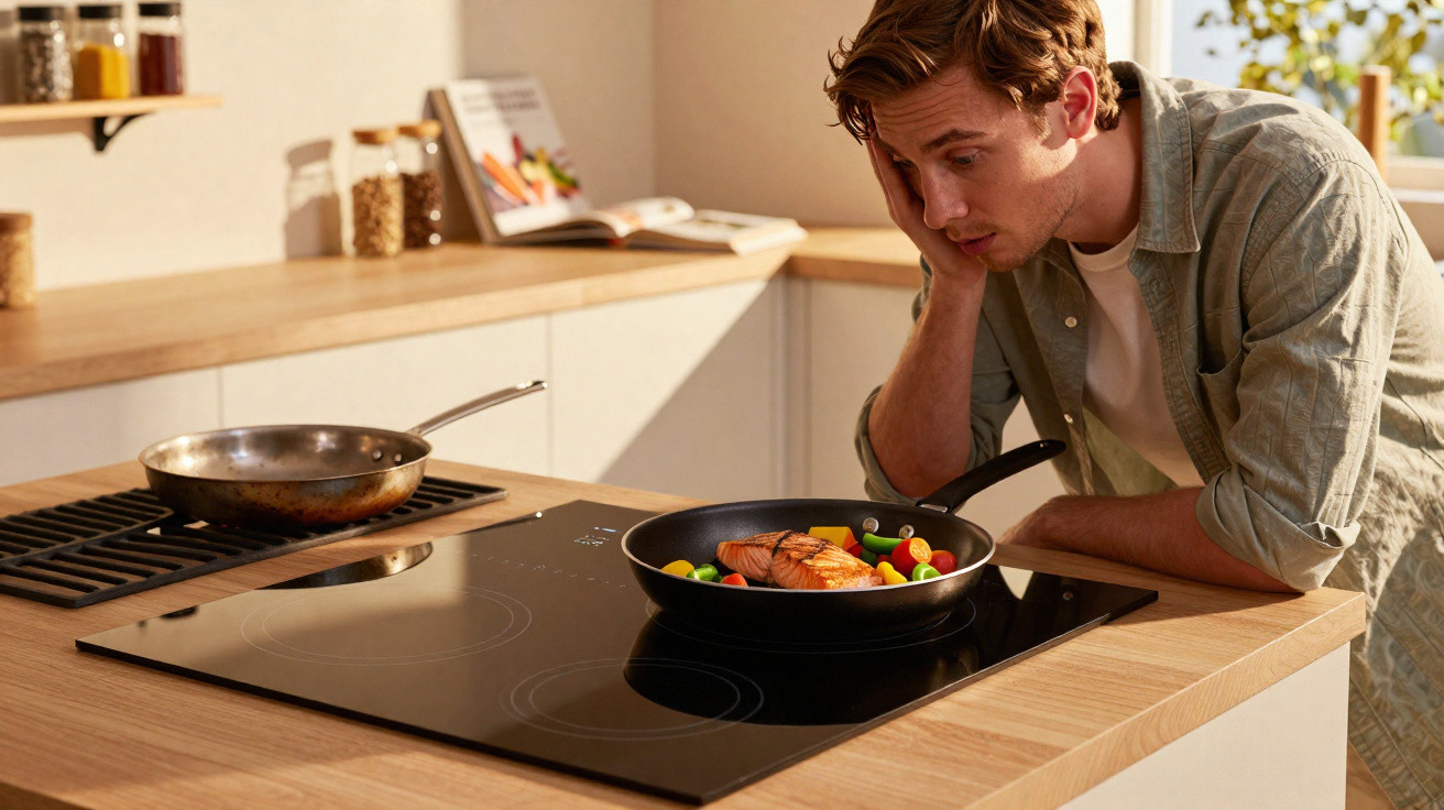 Homem a observar um salmão e legumes a cozinhar numa frigideira numa cozinha moderna.