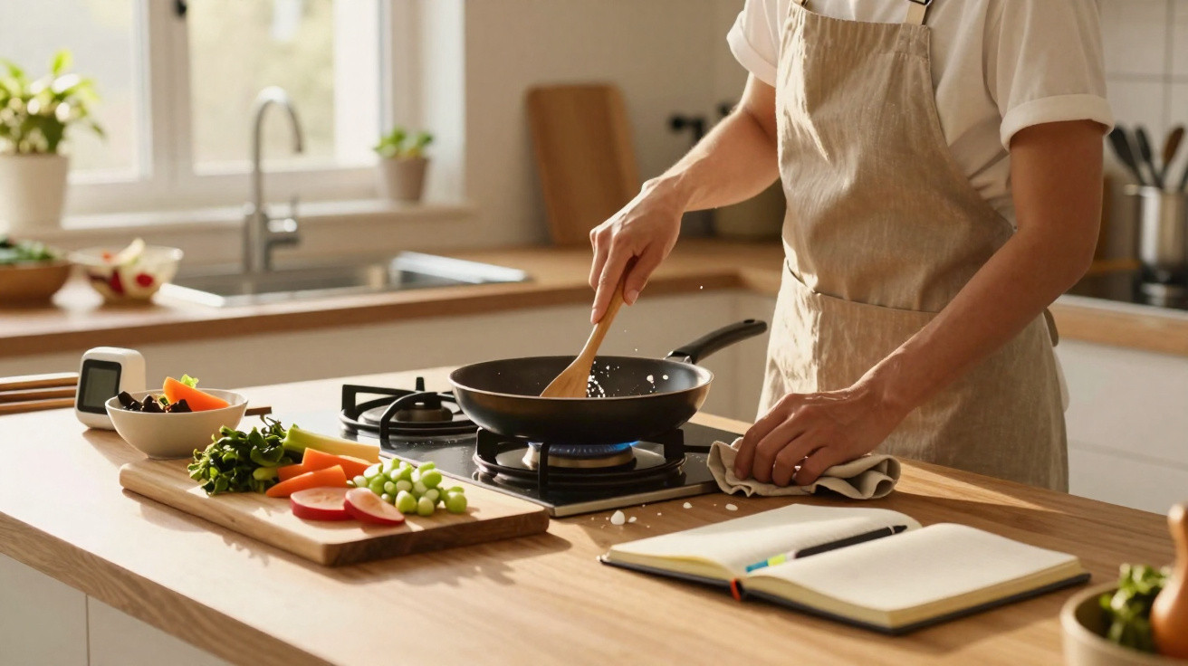Pessoa a cozinhar numa cozinha moderna com legumes frescos e um caderno aberto na bancada.