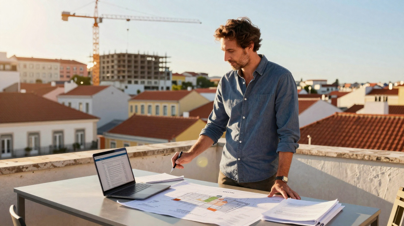 Homem a trabalhar em planta arquitetónica numa mesa exterior com portátil numa cidade ao fundo.