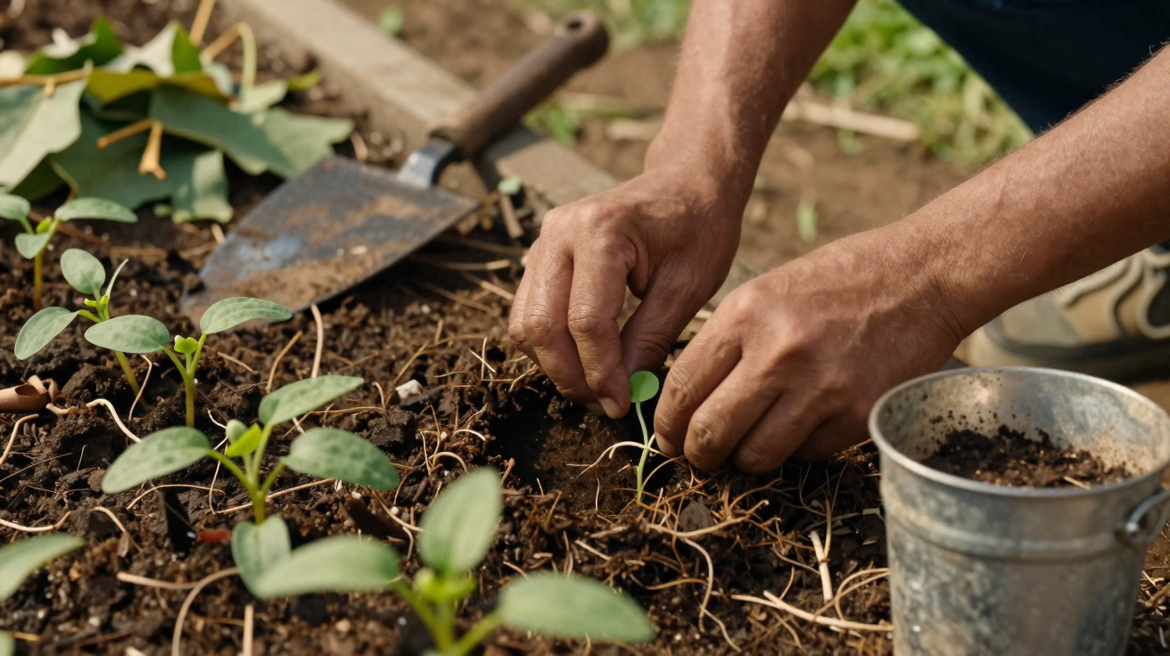 Mãos a plantar pequenas mudas no solo de uma horta com uma pá de jardinagem por perto.